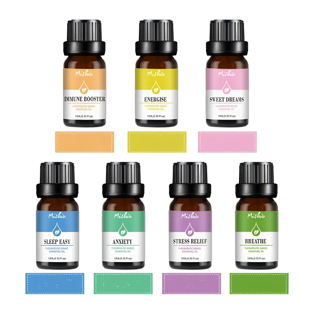Set of six mizkia pure aromatherapy essential oil 10ml bottles in dark amber glass with black caps for therapeutic use