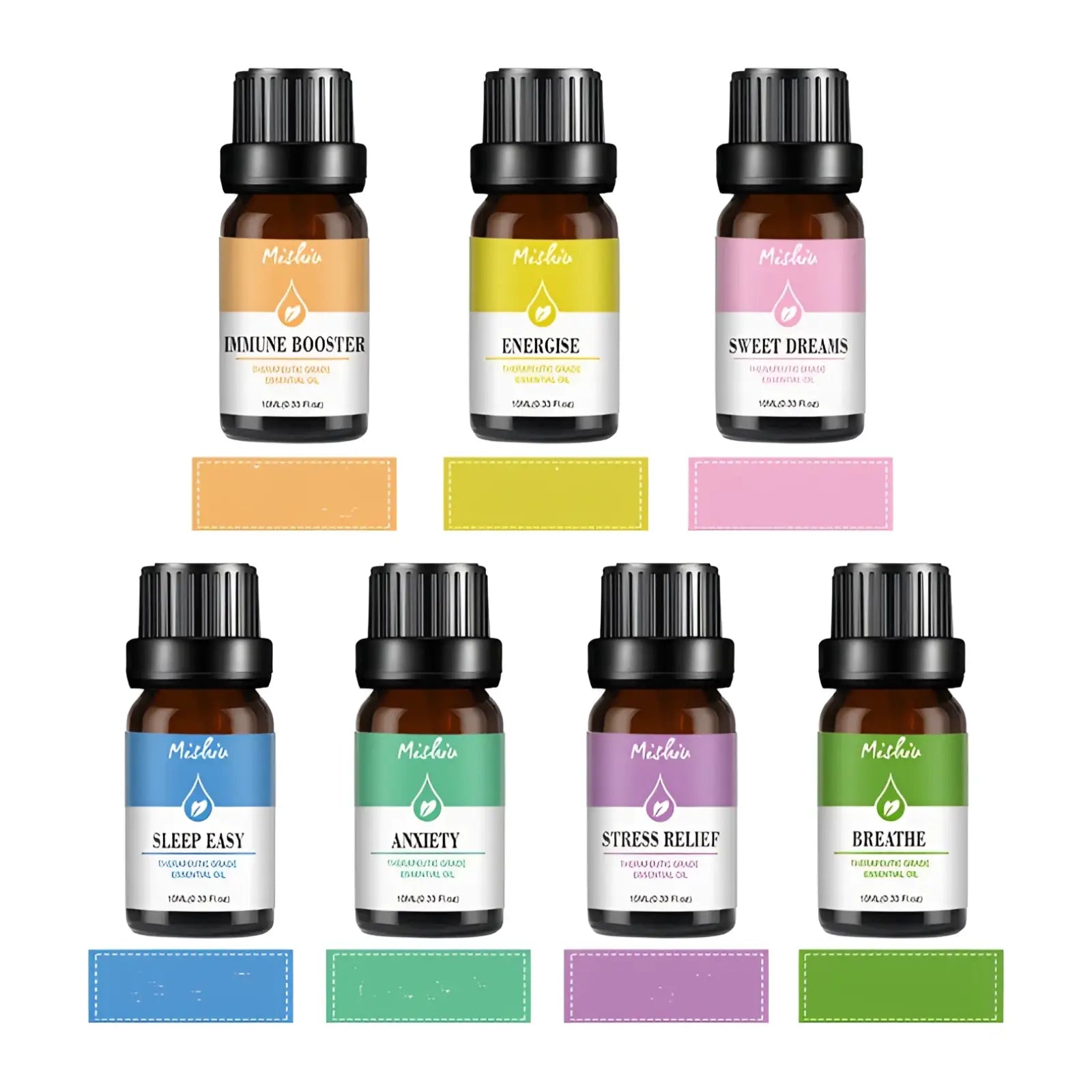 Set of six mizkia pure aromatherapy essential oil 10ml bottles in dark amber glass with black caps for therapeutic use
