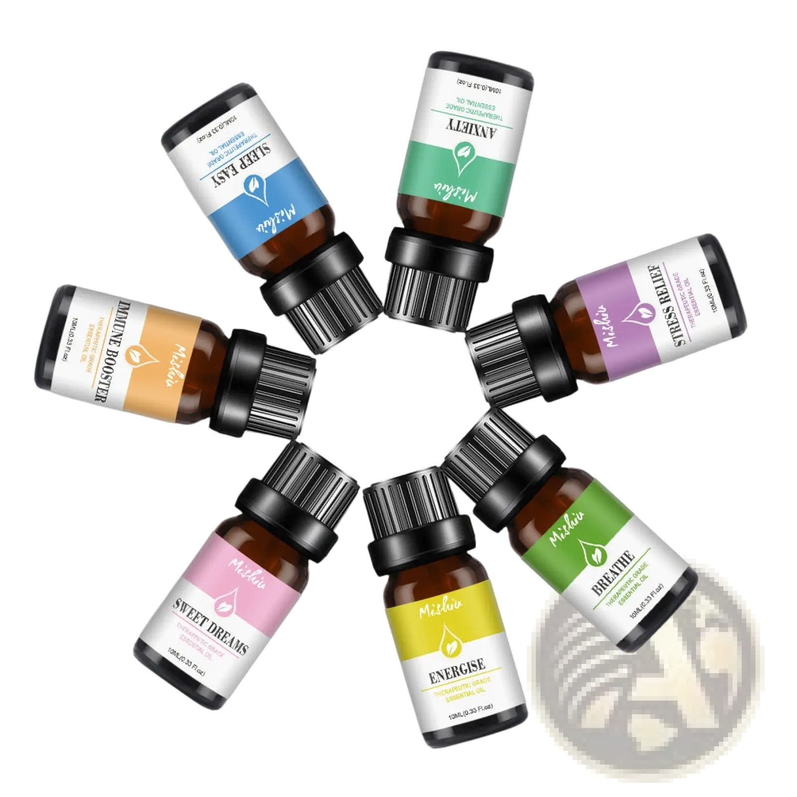 Six 10ml mildin essential oil bottles in brown glass with black caps and color-coded therapeutic grade labels