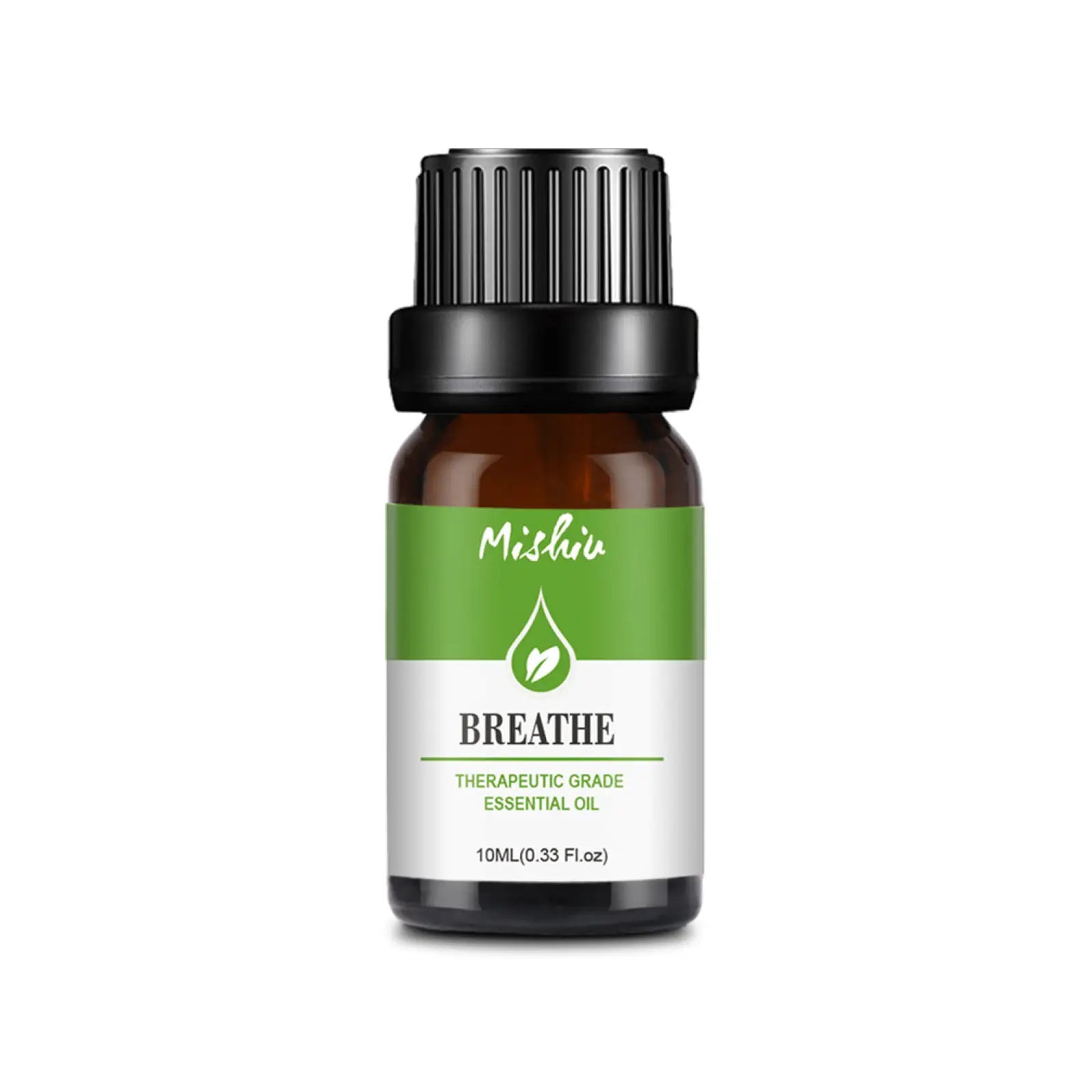 A small amber glass bottle of breathe by meishui pure aromatherapy essential oil 10ml with black cap and therapeutic grade quality