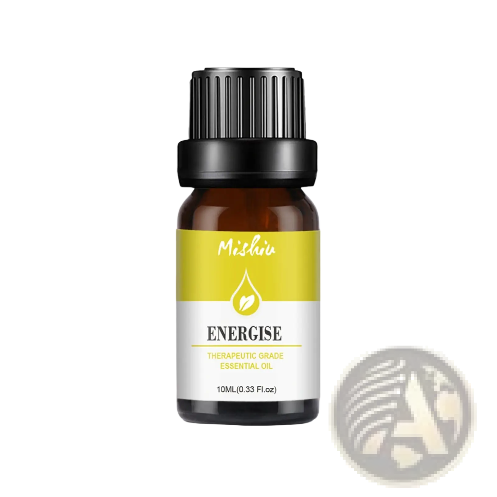 A small amber glass bottle of meishu energize pure aromatherapy essential oil with a black ribbed cap and 10ml label