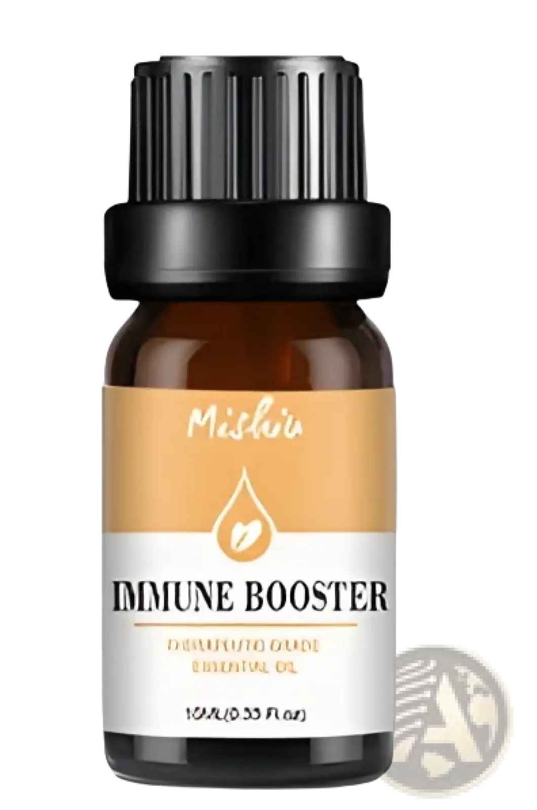 A dark amber glass bottle with black cap and orange mishin label containing pure aromatherapy immune booster oil