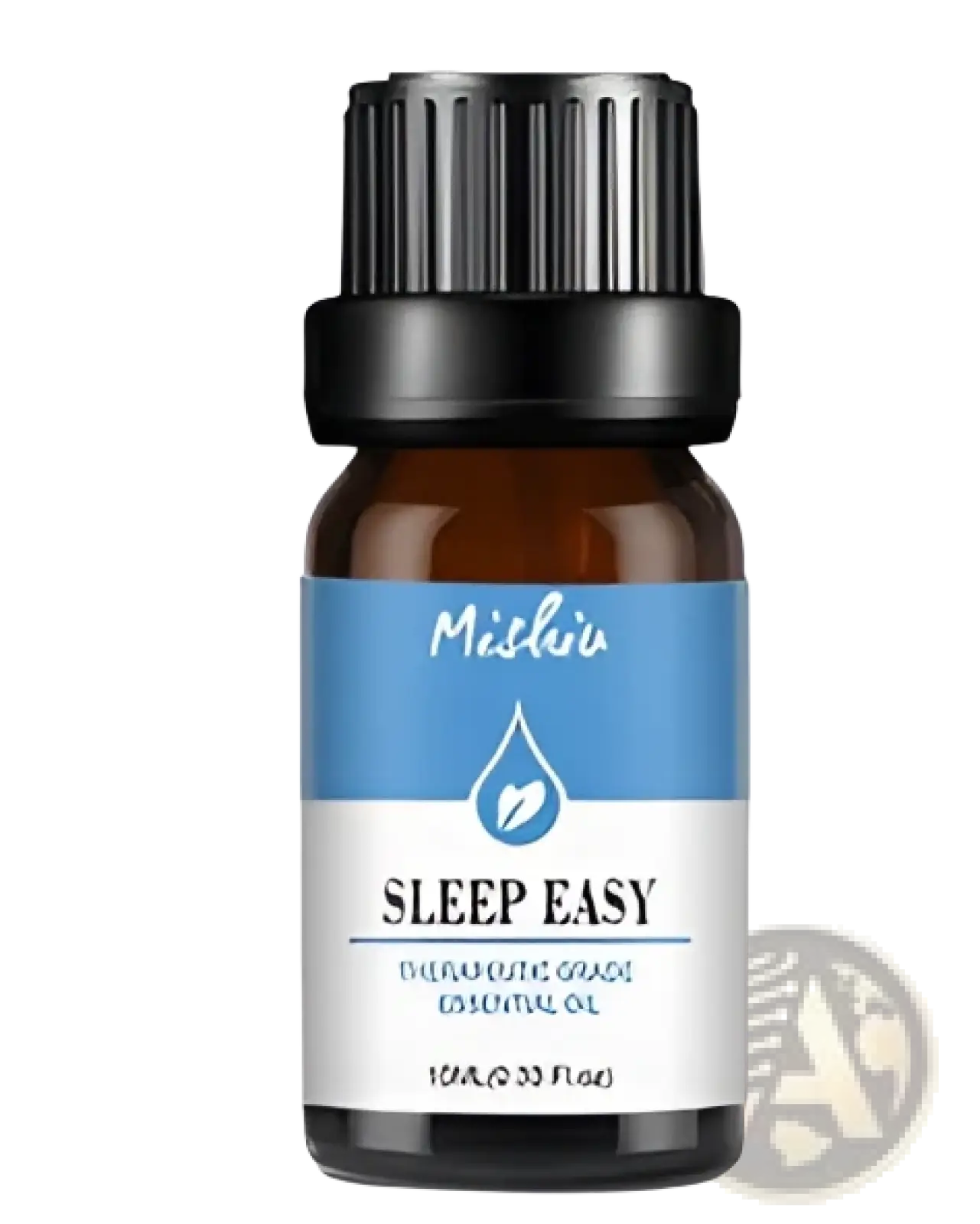 A dark amber glass bottle with black cap and blue misthia label containing sleep easy therapeutic grade essential oil