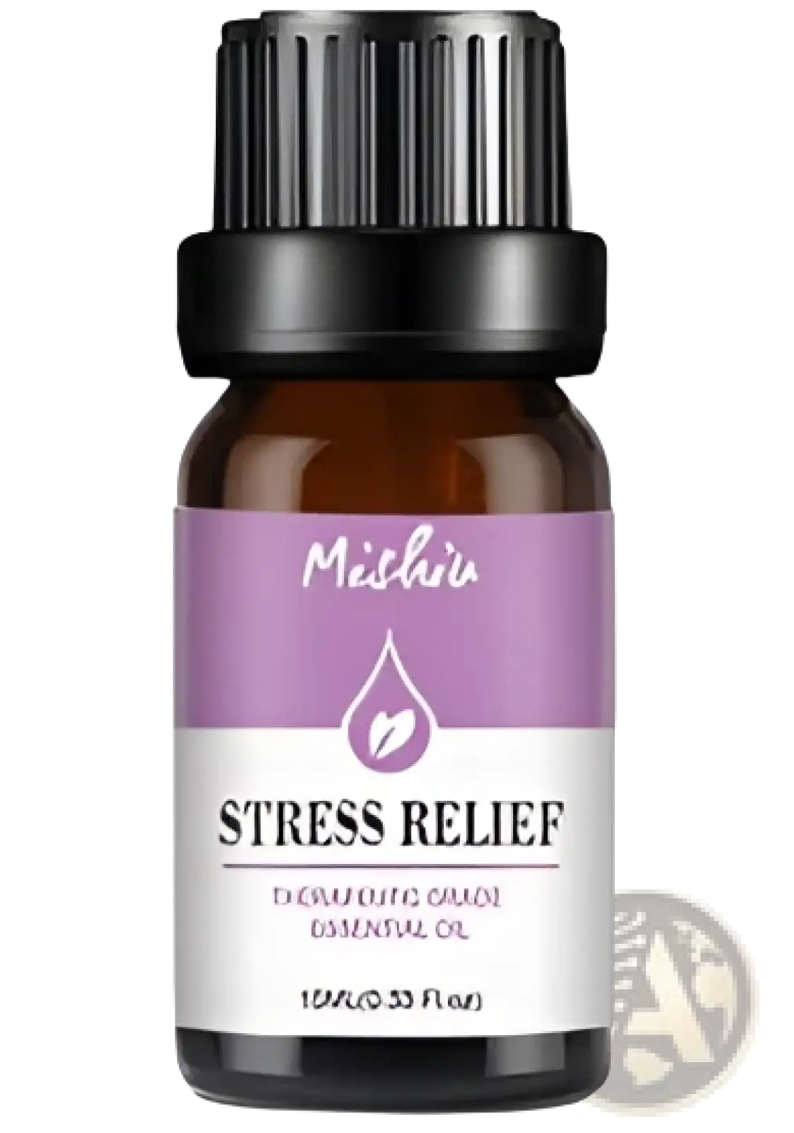 A small amber glass bottle with black cap and purple label of Mizkif stress relief therapeutic grade essential oil