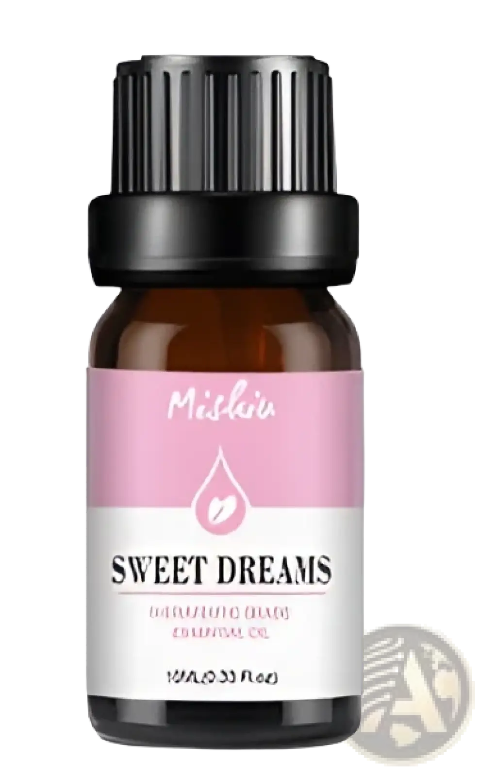 A small amber glass bottle of mishu sweet dreams essential oil with black cap and pink label pure aromatherapy 10ml