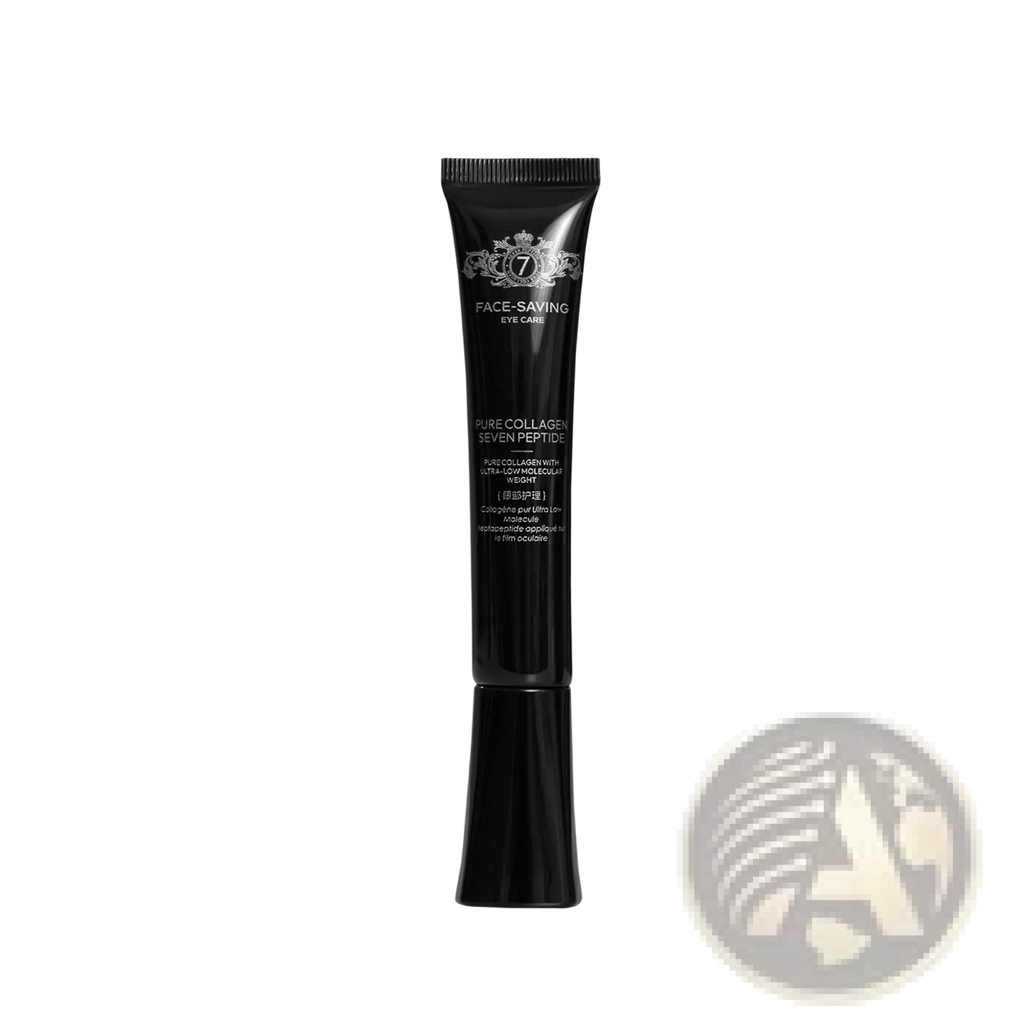 Black tube of pure collagen seven peptide firming peel off mask with silver logo and text showing its eye care formula