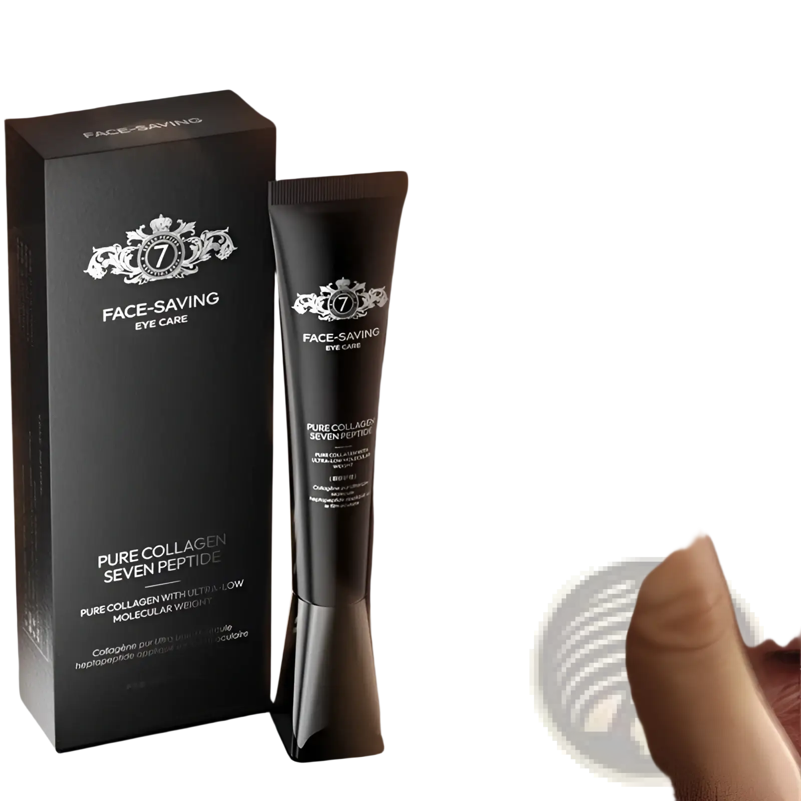 Black tube of pure collagen seven peptide firming peel off mask for eye care with advanced skin-saving formula