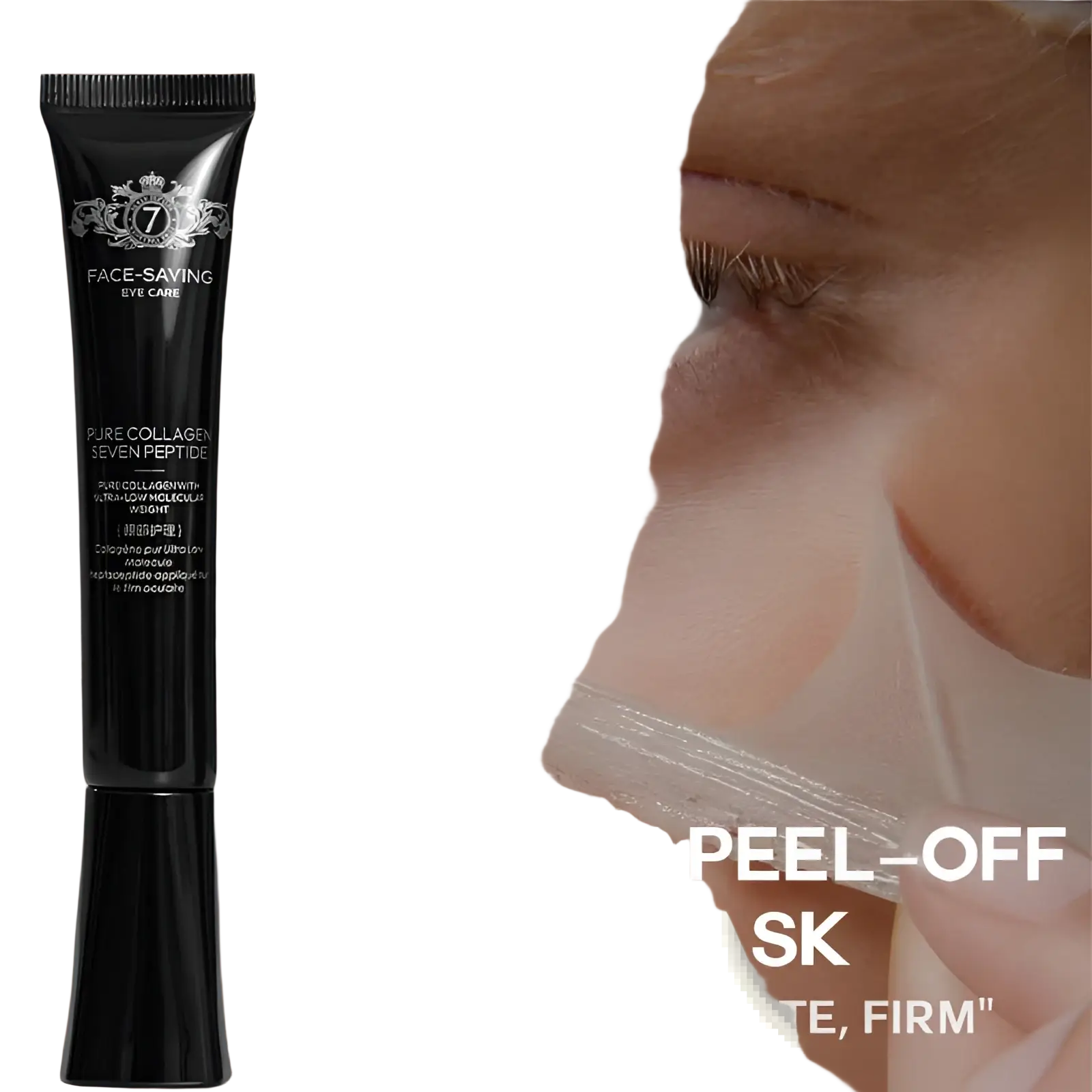 Black tube of face-saving pure collagen seven peptide firming peel off eye mask for targeted eye care