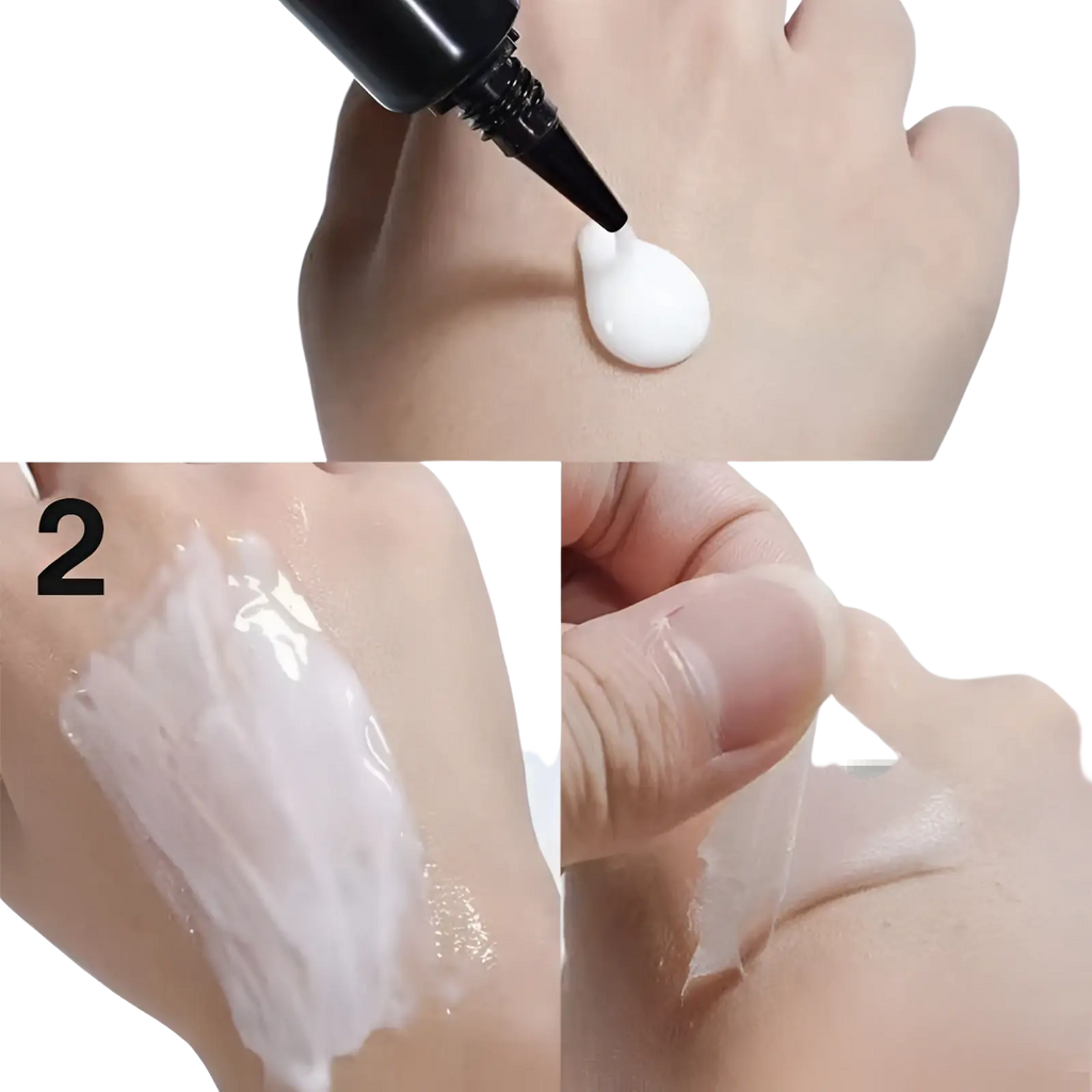 A white translucent gel adhesive from a black tube being applied to skin for pure collagen seven peptide firming peel off mask