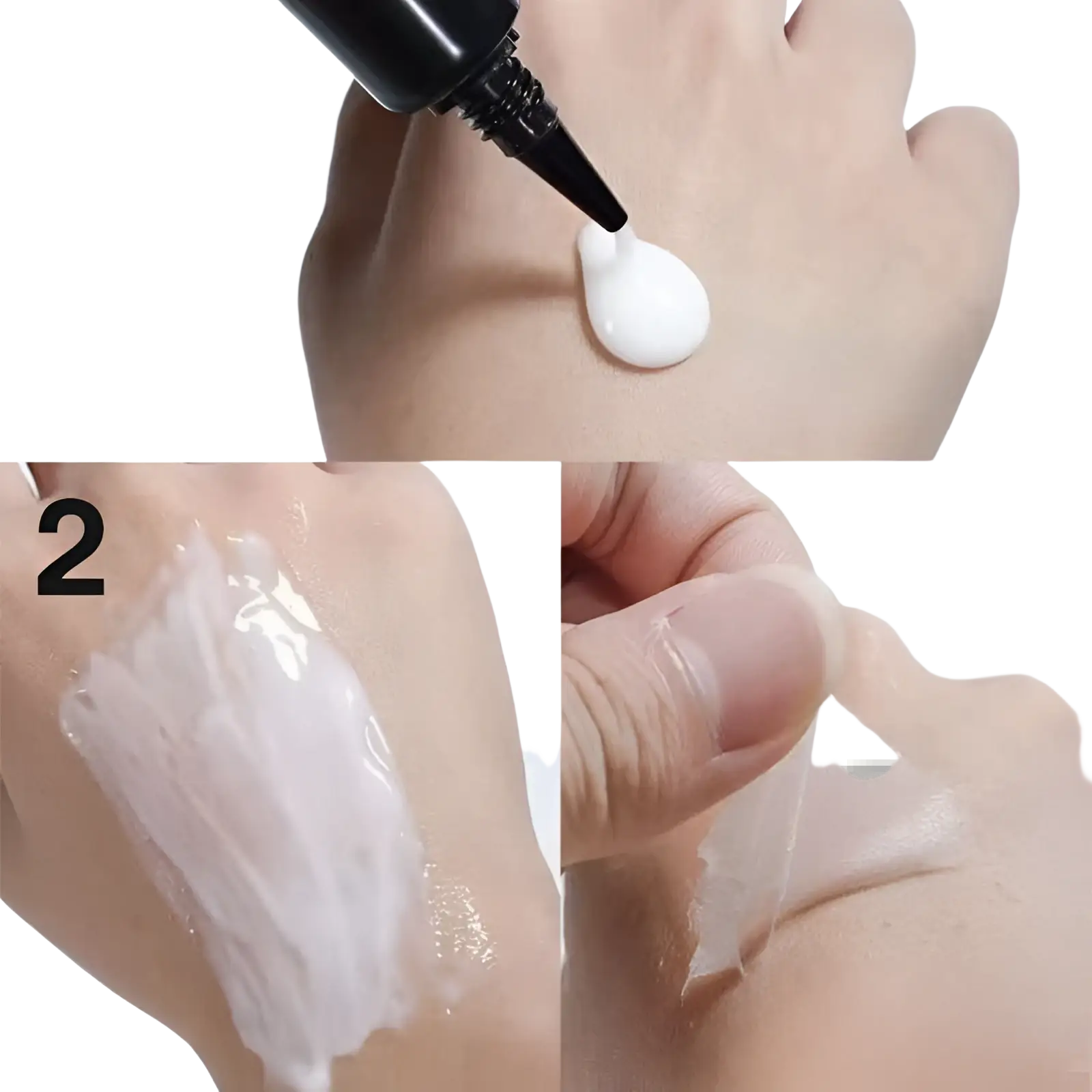 A white translucent gel adhesive from a black tube being applied to skin for pure collagen seven peptide firming peel off mask
