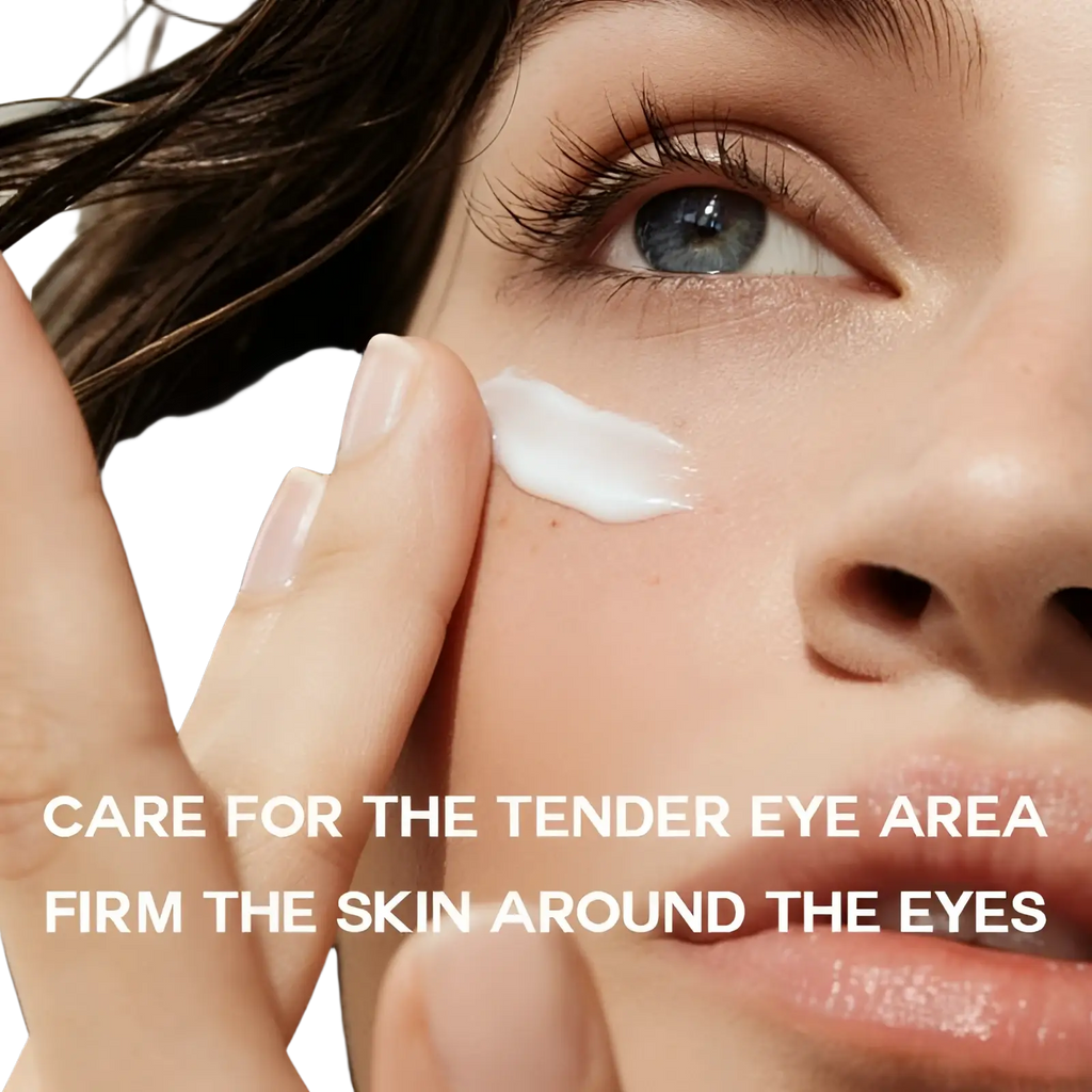 A creamy white eye cream from pure collagen seven peptide firming peel off mask being gently applied under the eye