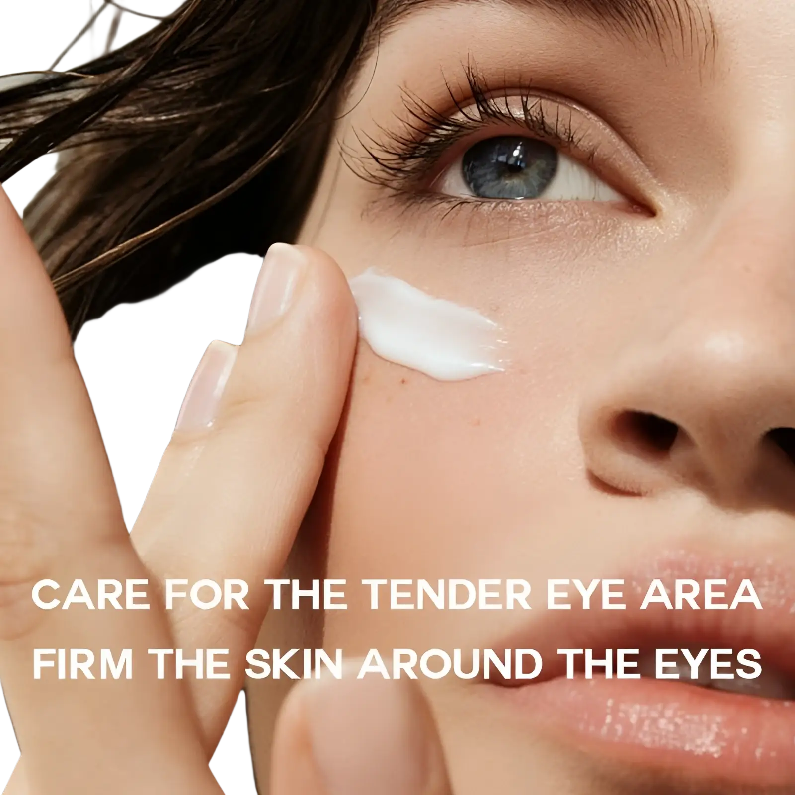 A creamy white eye cream from pure collagen seven peptide firming peel off mask being gently applied under the eye