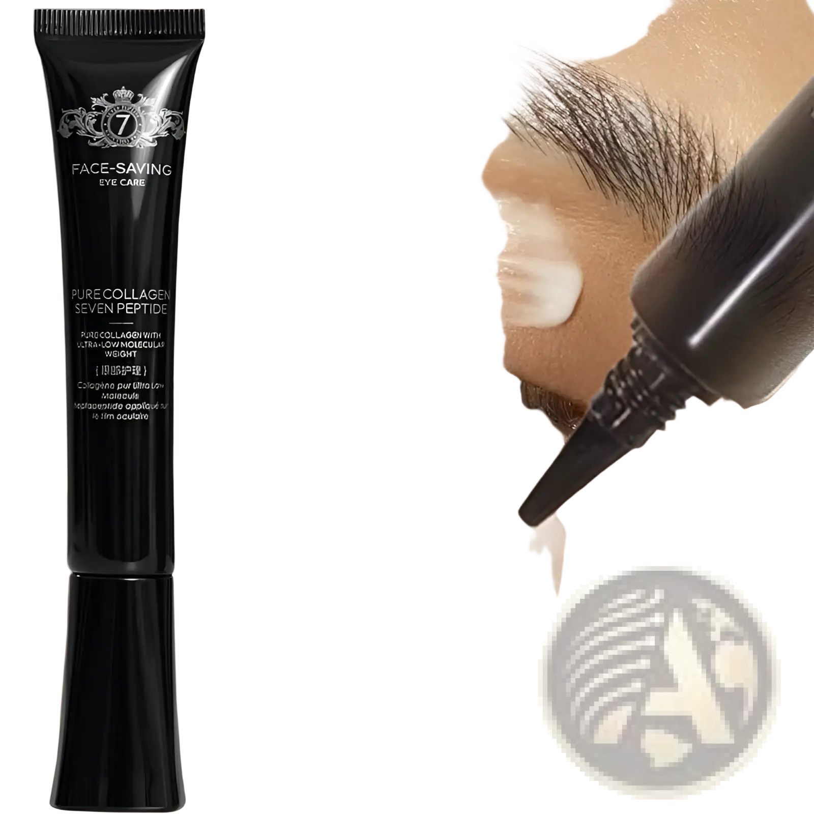 Black tube of pure collagen seven peptide firming peel off mask with silver crest logo and white text
