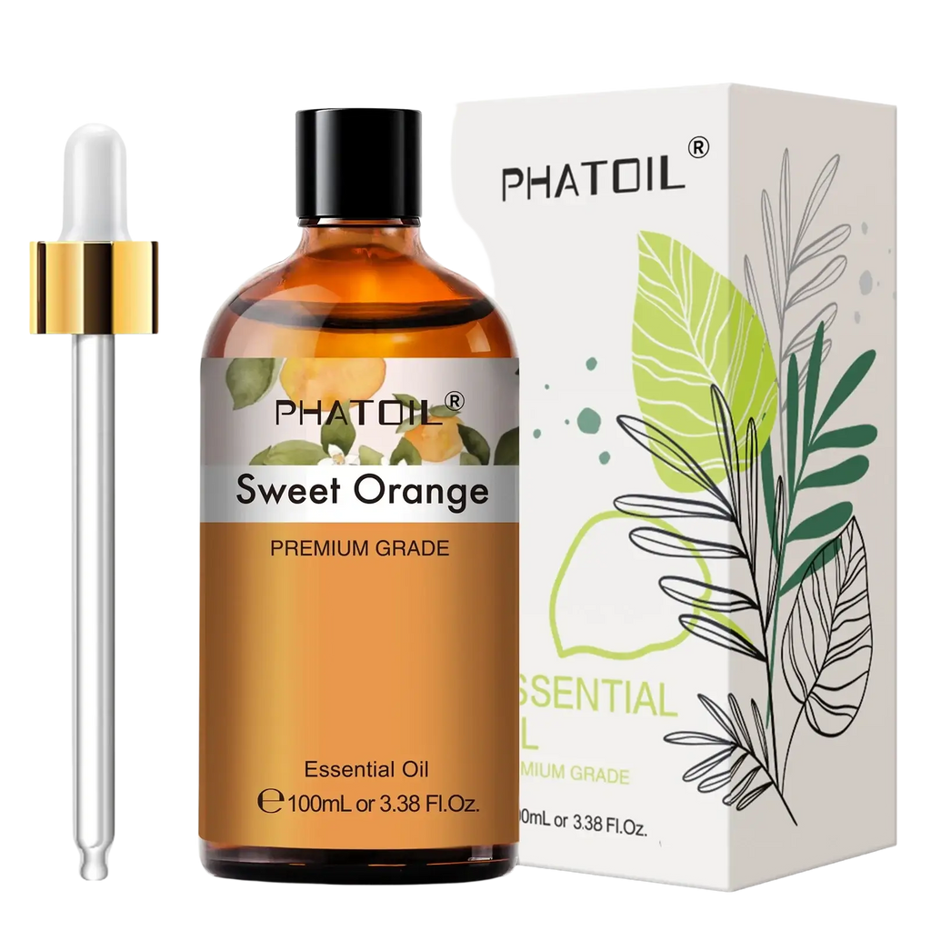 A clear amber glass bottle of phatoil pure essential sweet orange oil with black cap and gold-rimmed dropper for aromatherapy
