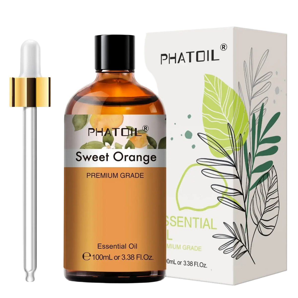 A clear amber glass bottle of phatoil pure essential sweet orange oil with black cap and gold-rimmed dropper for aromatherapy
