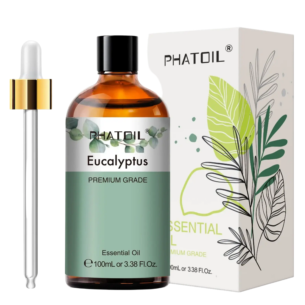 Phatoil pure essential oil eucalyptus in a 100ml amber glass bottle with black cap and gold-accented dropper for aromatherapy