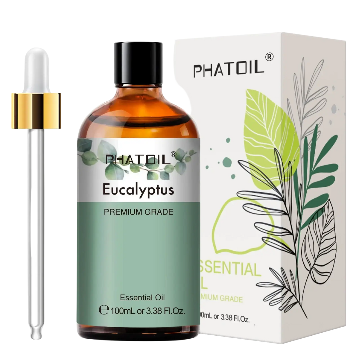 Phatoil pure essential oil eucalyptus in a 100ml amber glass bottle with black cap and gold-accented dropper for aromatherapy