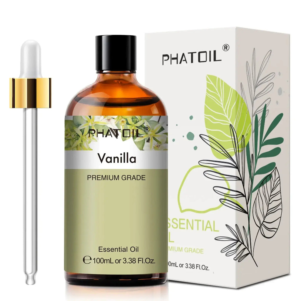 Phatoil pure essential oil vanilla in 100ml amber glass bottle with gold-rimmed dropper and branded packaging