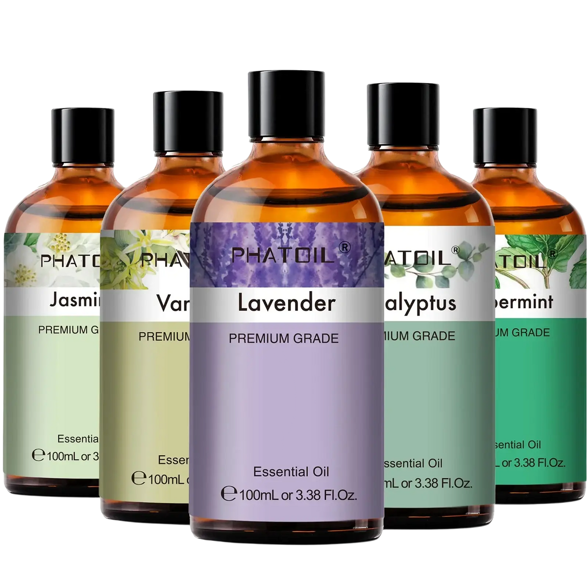 Set of five amber glass bottles of pure essential oil with black caps labeled phatoil for aromatherapy fragrance use