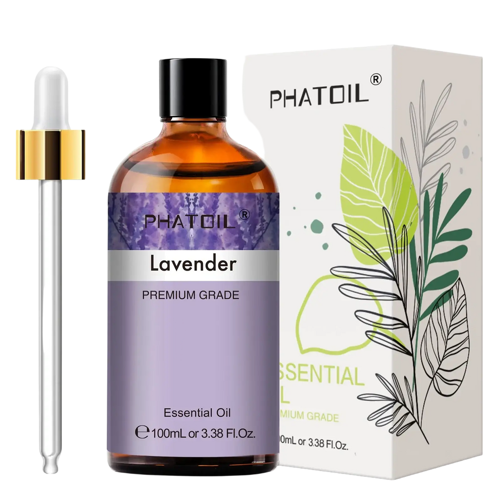 A sleek amber glass bottle of pure essential lavender oil with black cap and purple label paired with matching dropper