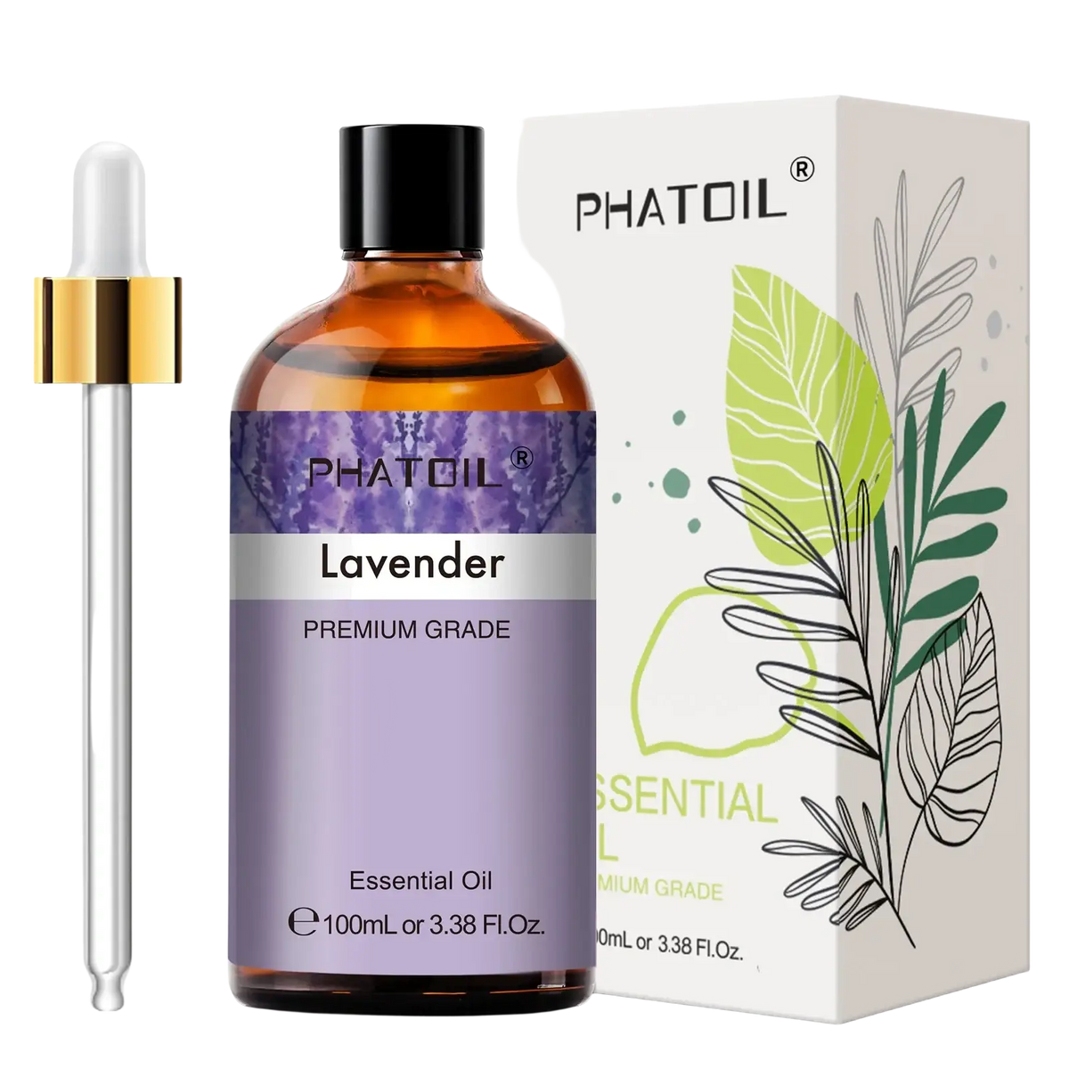 A sleek amber glass bottle of pure essential lavender oil with black cap and purple label paired with matching dropper