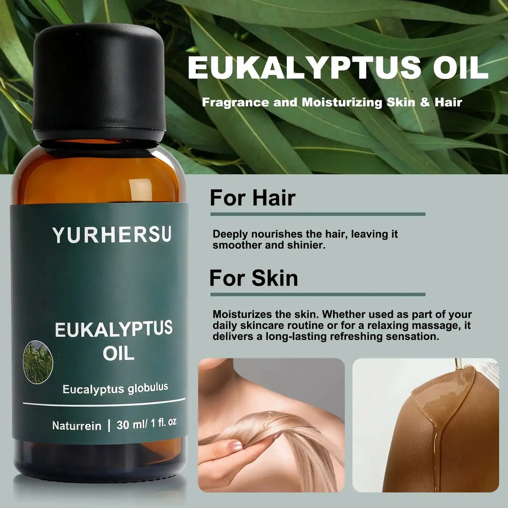 A 30ml amber glass bottle of yurhersu pure eucalyptus essential oil with a black cap and dark green botanical label