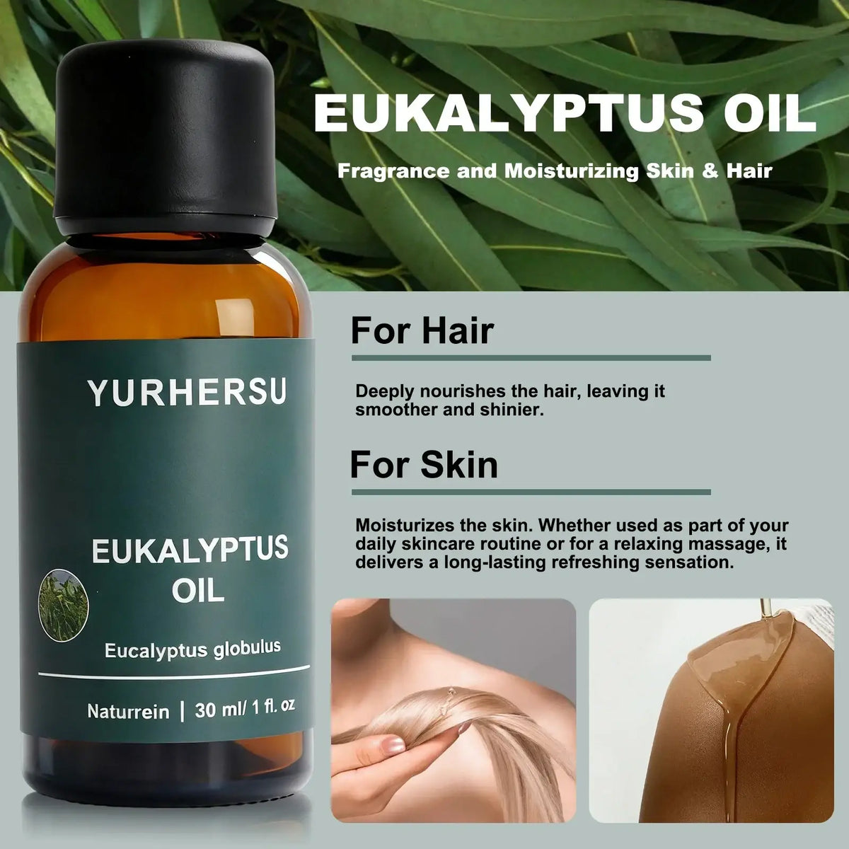 A 30ml amber glass bottle of yurhersu pure eucalyptus essential oil with a black cap and dark green botanical label