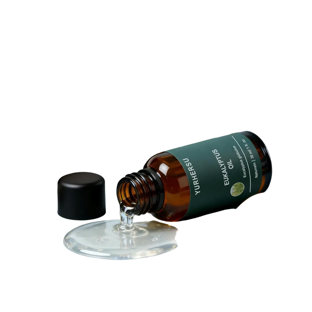 A dark amber glass bottle of yurhersu pure eucalyptus essential oil 30ml with black cap dispensing clear liquid