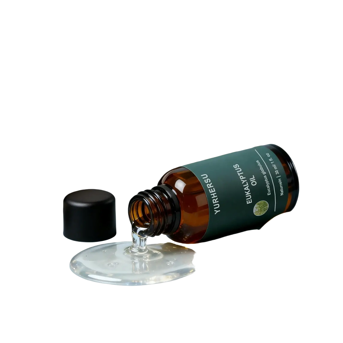 A dark amber glass bottle of yurhersu pure eucalyptus essential oil 30ml with black cap dispensing clear liquid