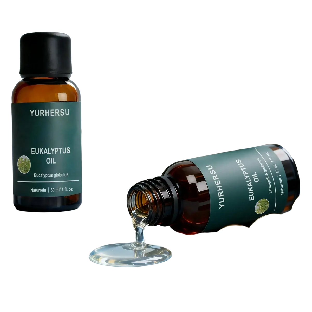 Dark amber glass bottles of yurhersu pure eucalyptus essential oil 30ml with black caps and green labels spilling oil