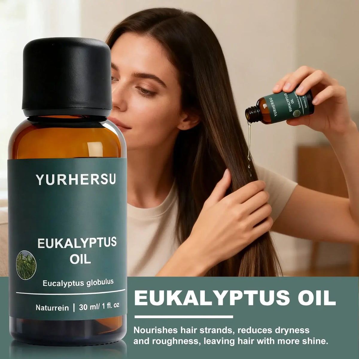 A sleek amber glass bottle with black cap and dark green label of yurhersu pure eucalyptus essential oil 30ml