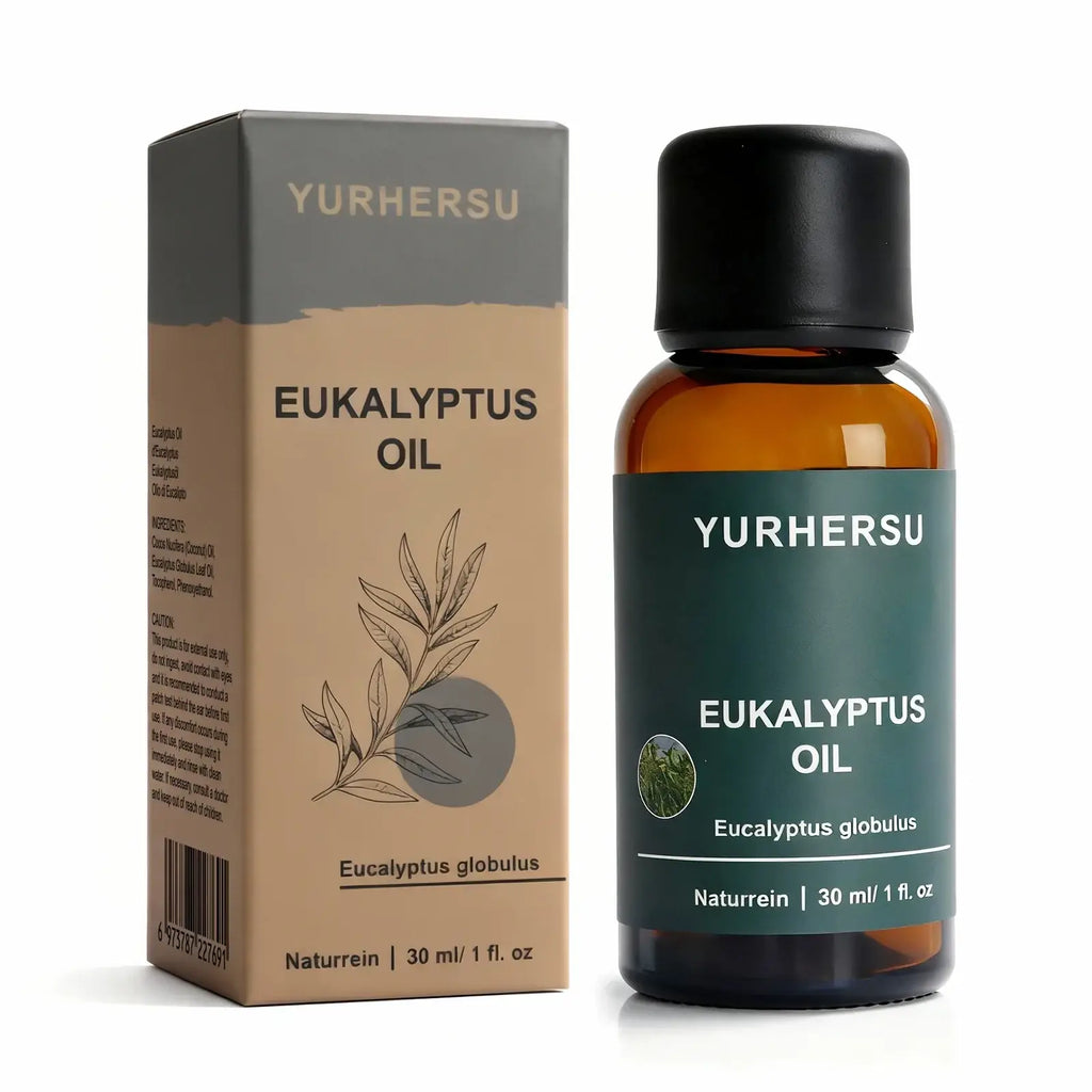 Pure eucalyptus essential oil 30ml in amber glass bottle with black cap and beige gray cardboard packaging