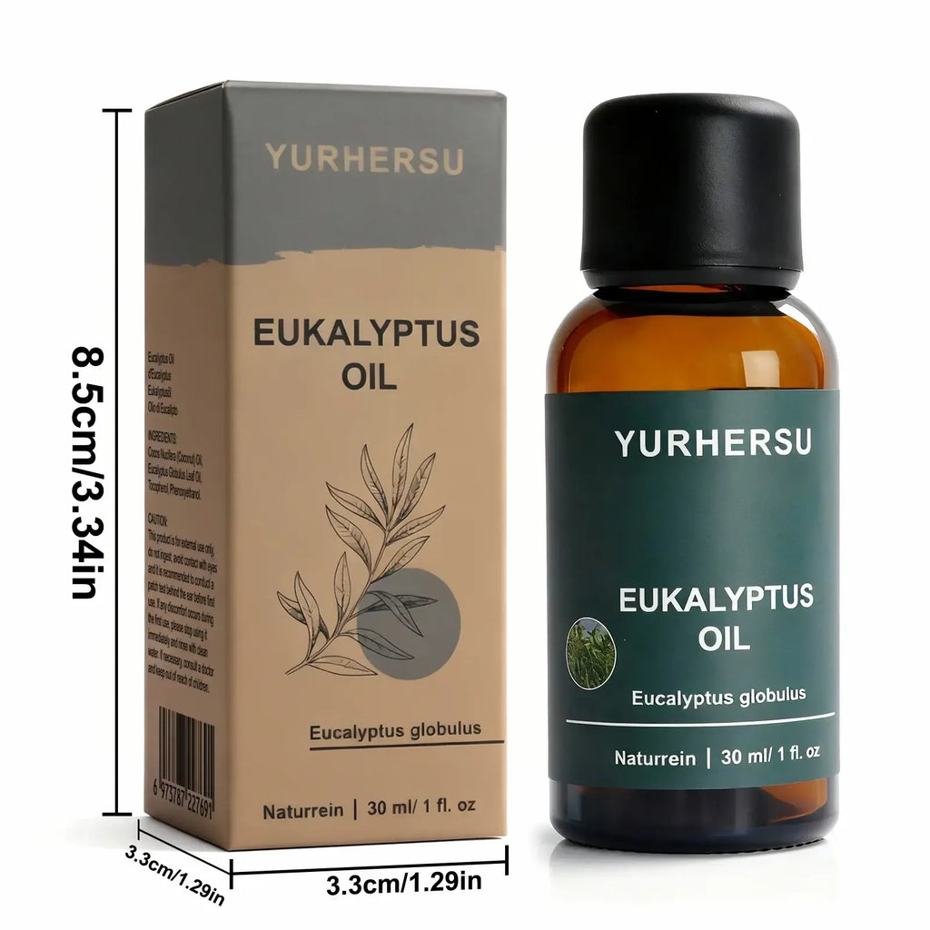 Yurhersu pure eucalyptus essential oil 30ml in amber glass bottle with black cap and beige botanical box packaging