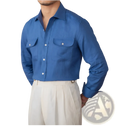 A crisp blue pure linen casual long-sleeved shirt with two chest pockets and white buttons