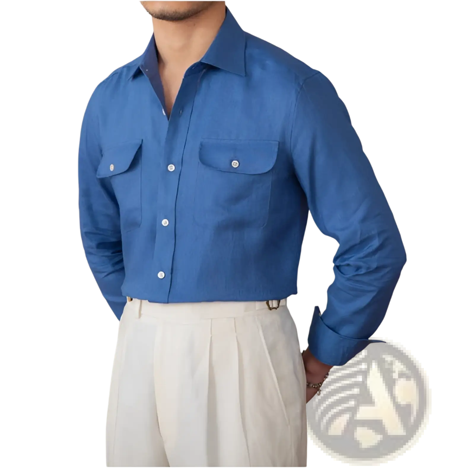 A crisp blue pure linen casual long-sleeved shirt with two chest pockets and white buttons