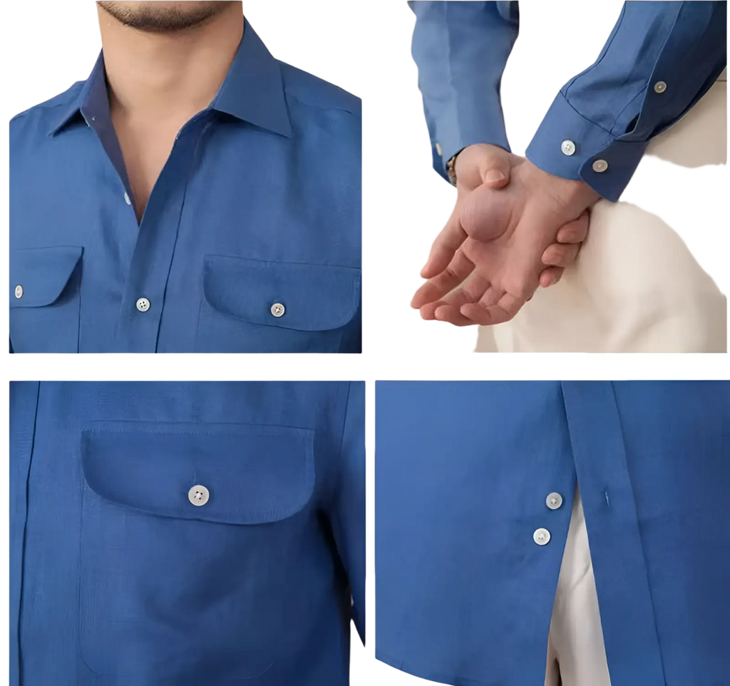 A crisp blue pure linen casual long-sleeved shirt with two chest pockets and matching silver buttons