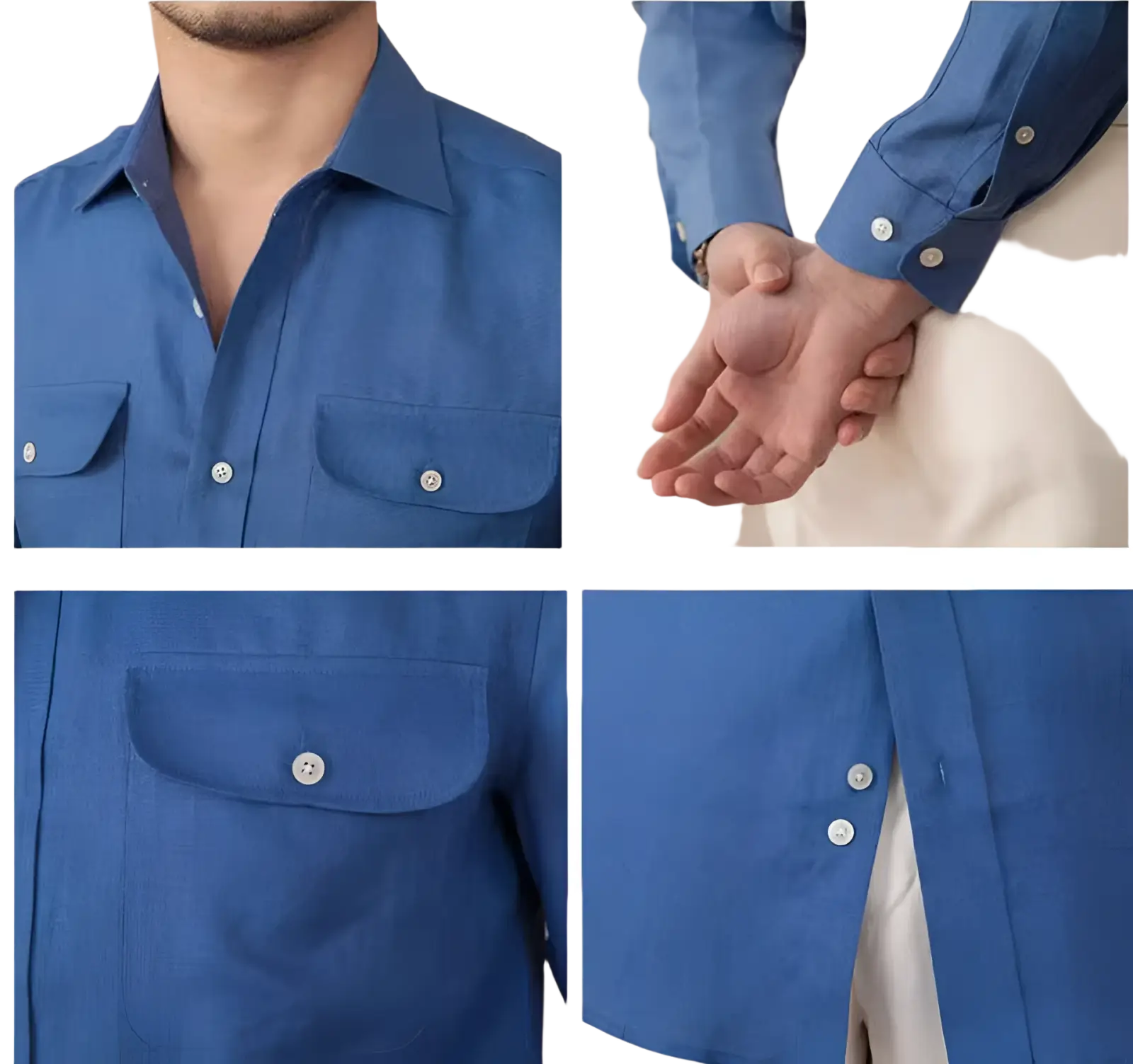 A crisp blue pure linen casual long-sleeved shirt with two chest pockets and matching silver buttons