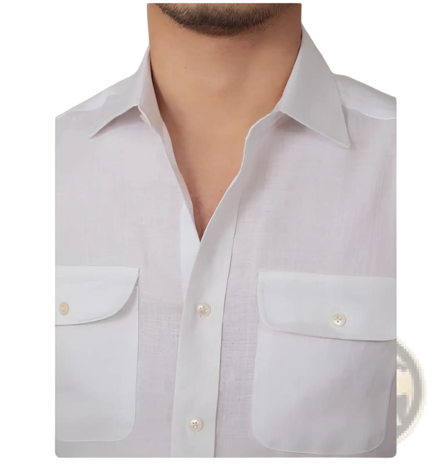 A crisp white pure linen casual long-sleeved shirt with two chest pockets and subtle texture