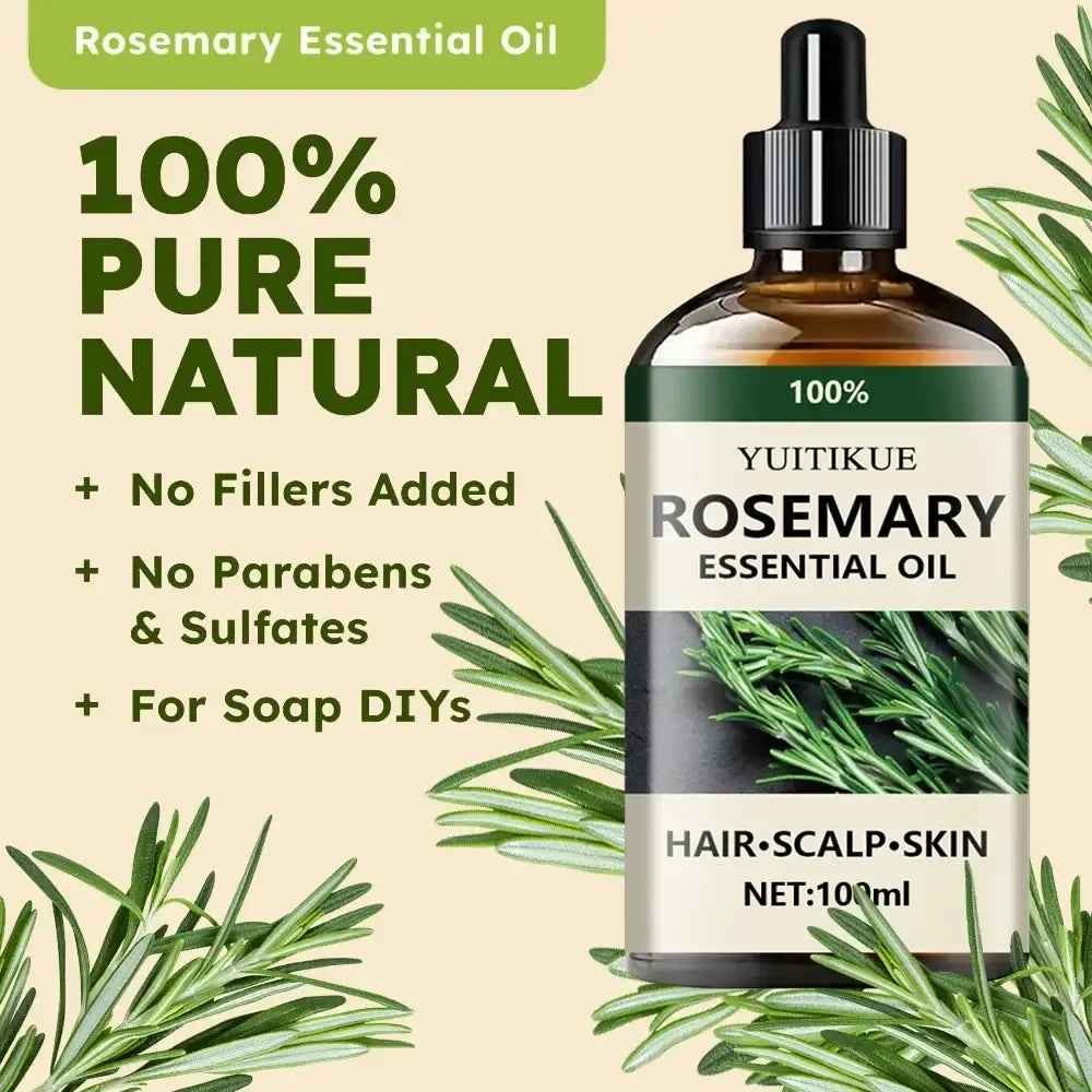 A 100ml amber glass bottle of yuitikue pure rosemary essential oil with black dropper cap for natural aromatherapy oil use