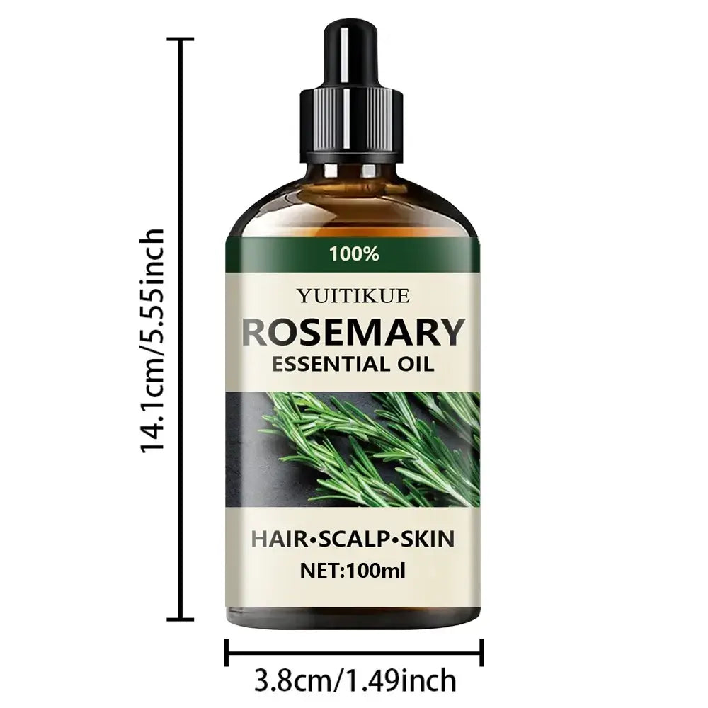 A 100ml amber glass bottle of yuitikue pure rosemary essential oil with black dropper cap for hair and skin care