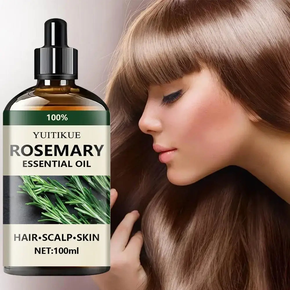 Dark amber glass bottle with black dropper cap containing pure rosemary essential oil for hair scalp and skin care