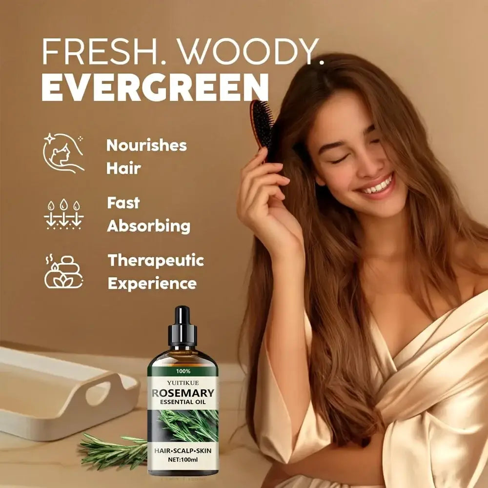 A dark amber glass bottle of pure rosemary essential oil with black dropper cap for hair scalp and skin care