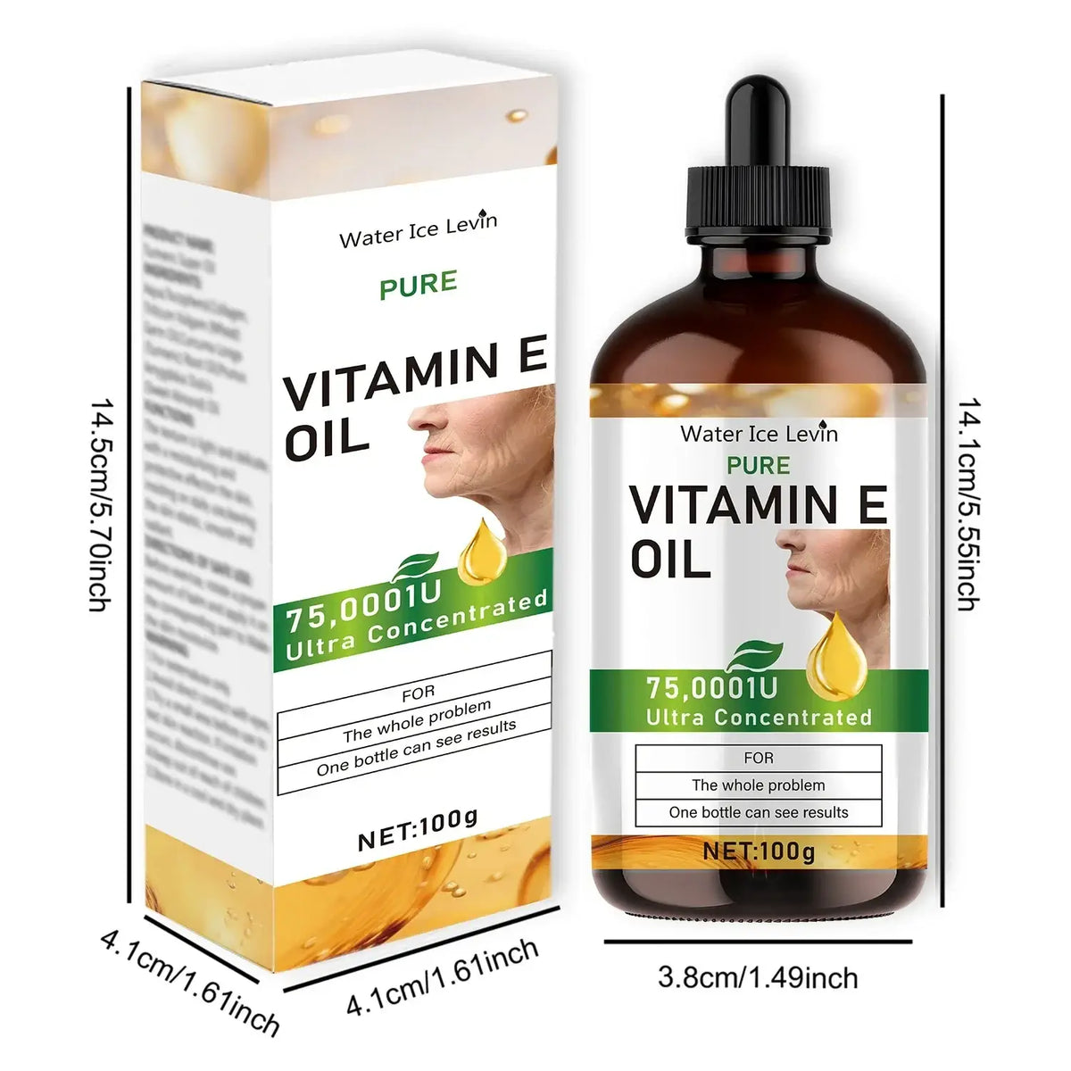 Amber glass bottle with black dropper cap and white label with green accents branded as water ice levin pure vitamin e oil moisturizer 100ml