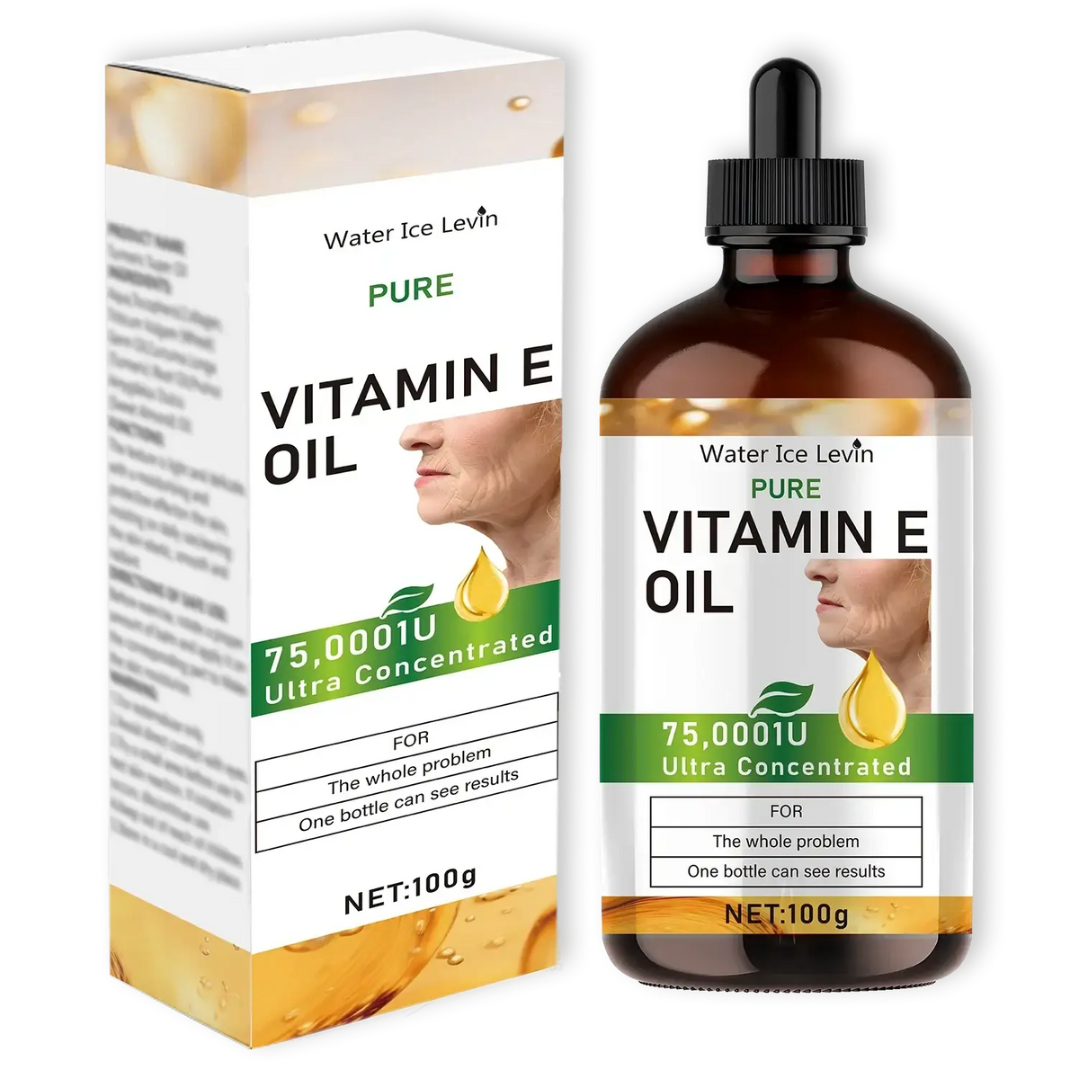 Brown glass bottle of levin pure vitamin e face oil moisturizer 100ml with black dropper cap and white label with green accents