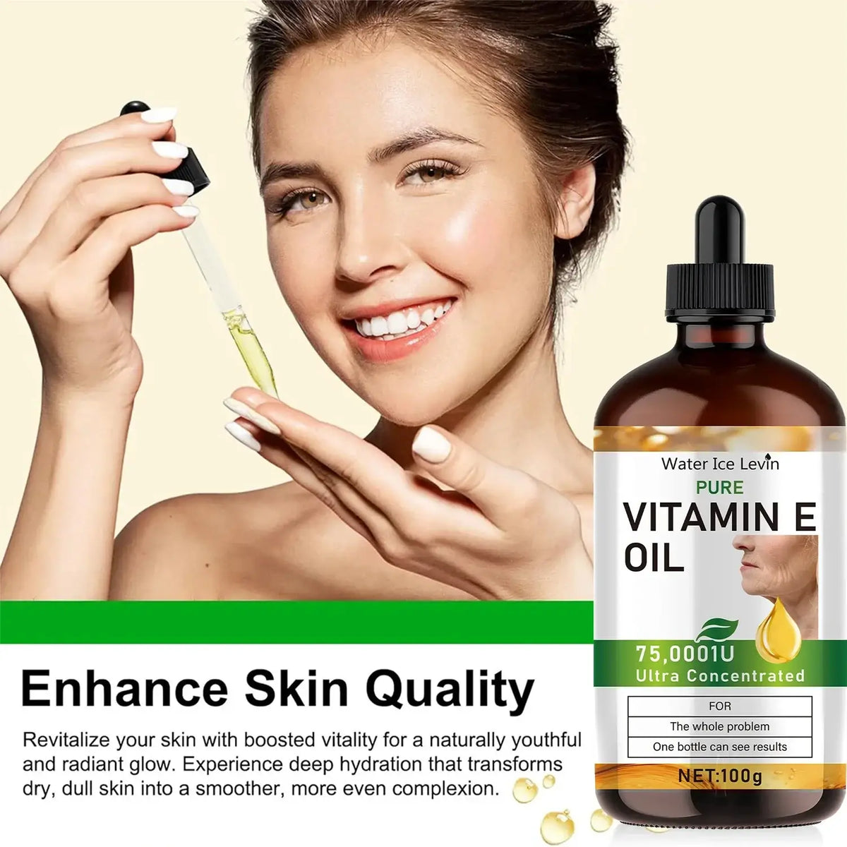 A dark amber glass bottle with a black dropper cap labeled water ice levin pure vitamin e oil for skin quality