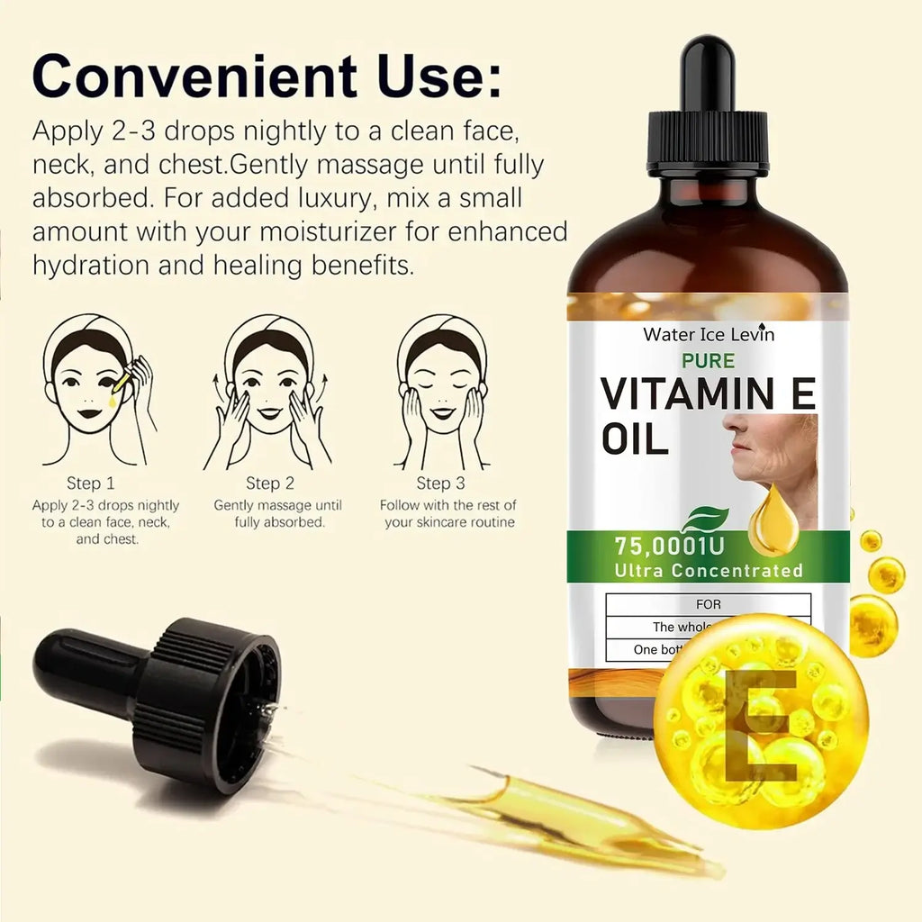 A dark amber glass bottle of pure vitamin e face oil moisturizer 100ml with black dropper cap and green label accents