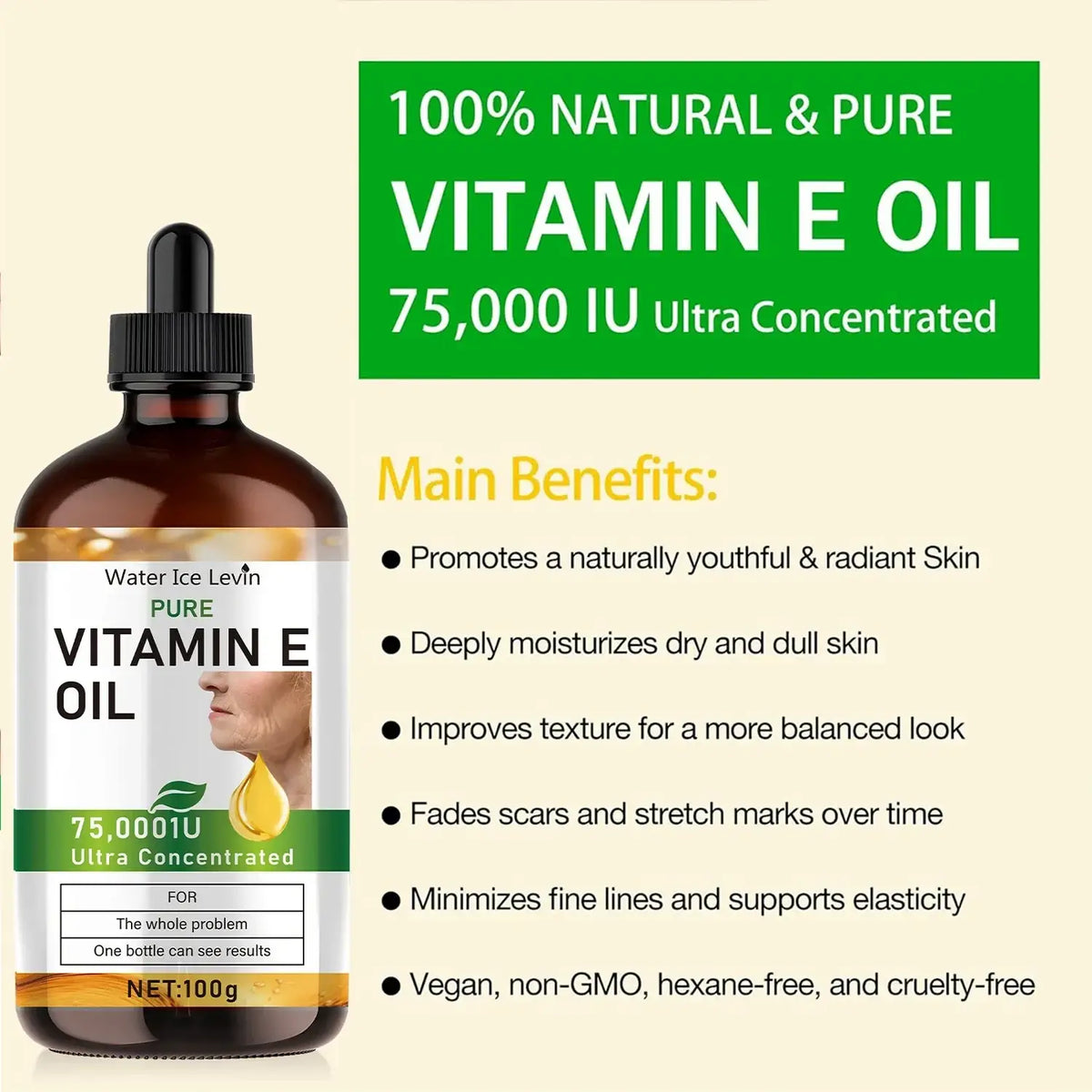 A dark amber glass bottle with black dropper cap labeled water ice levin pure vitamin e face oil moisturizer 100ml
