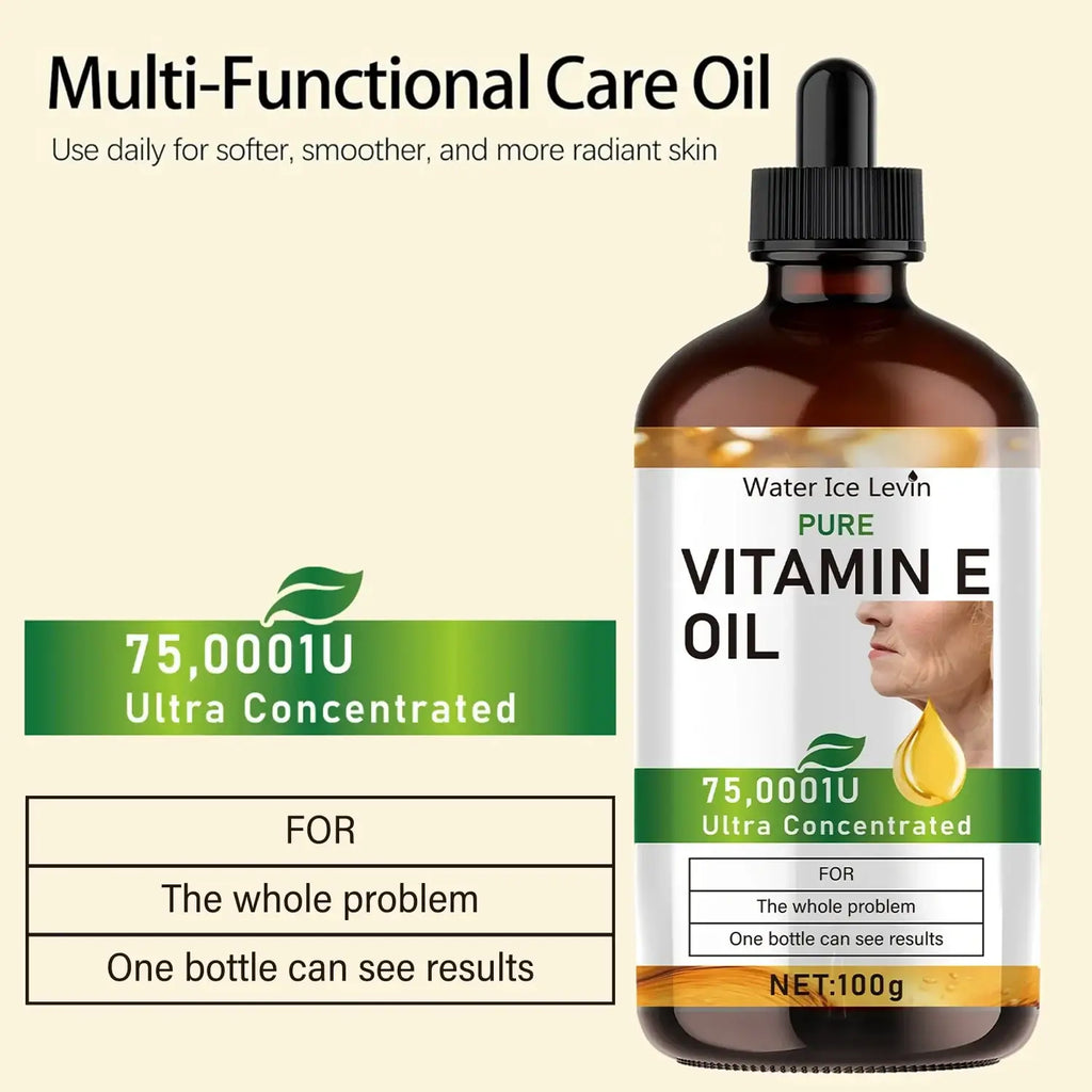 Dark amber glass bottle with black dropper cap labeled water ice levin pure vitamin e face oil moisturizer 100ml