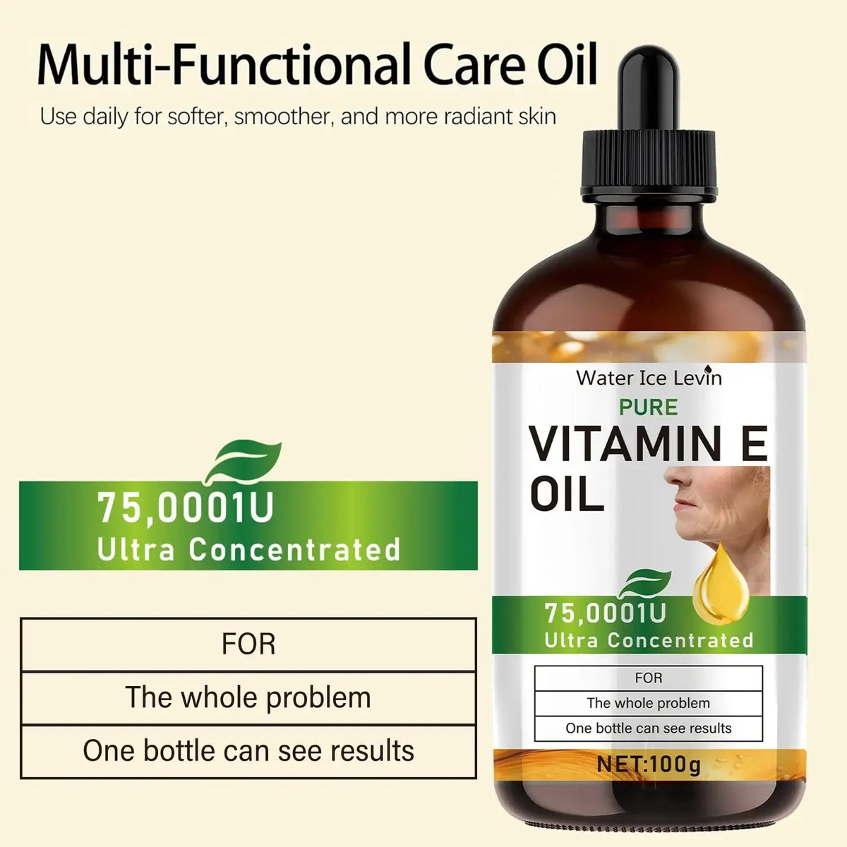 Dark amber glass bottle with black dropper cap labeled water ice levin pure vitamin e face oil moisturizer 100ml