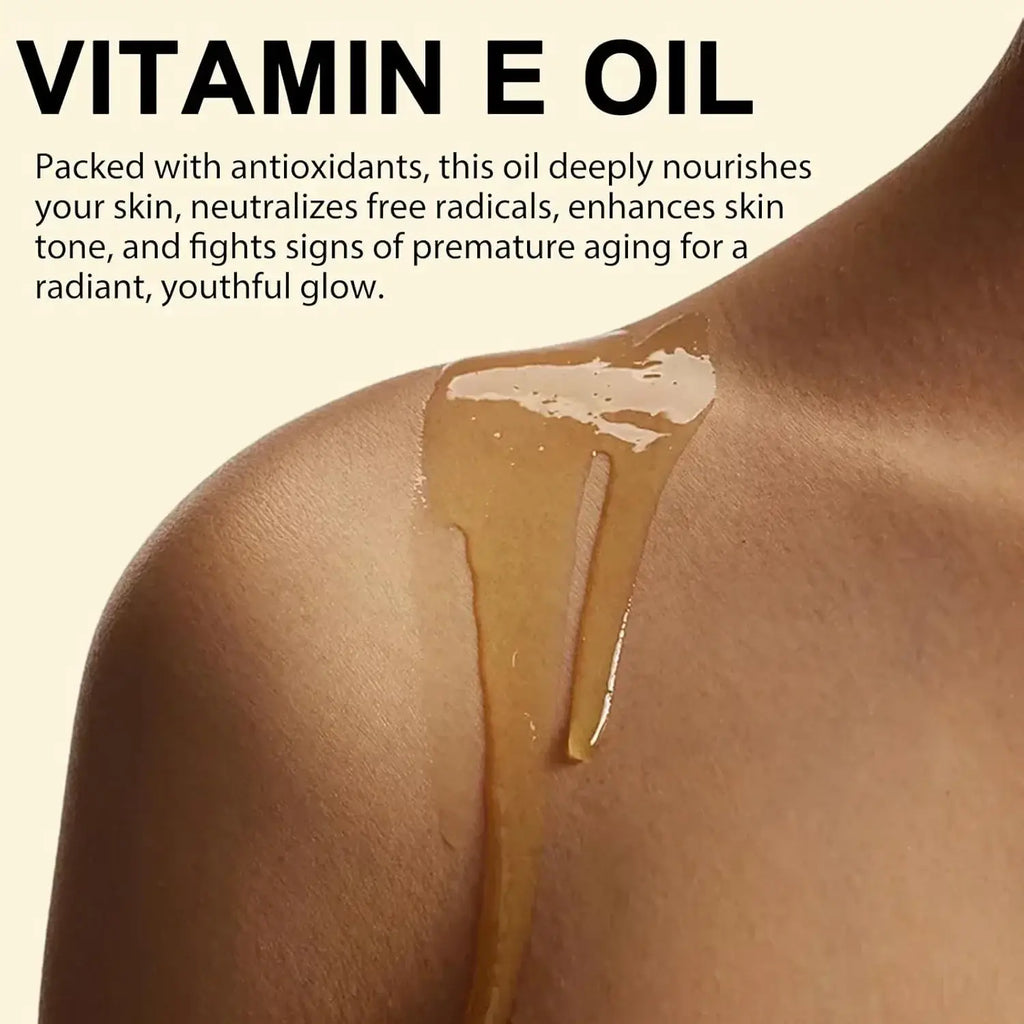 Golden translucent pure vitamin e face oil moisturizer 100ml drizzled across a person’s shoulder for skin hydration